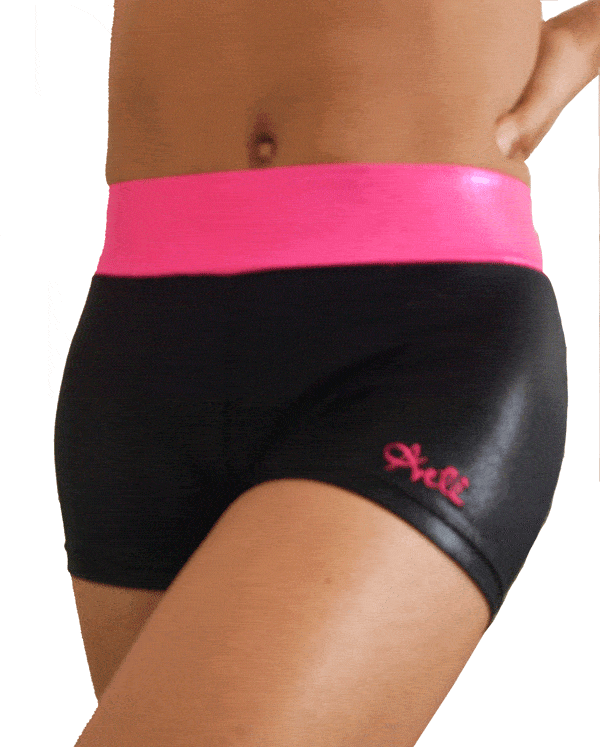 Black Mystique Shorts with Bright Pink Waist - Arete Leotards